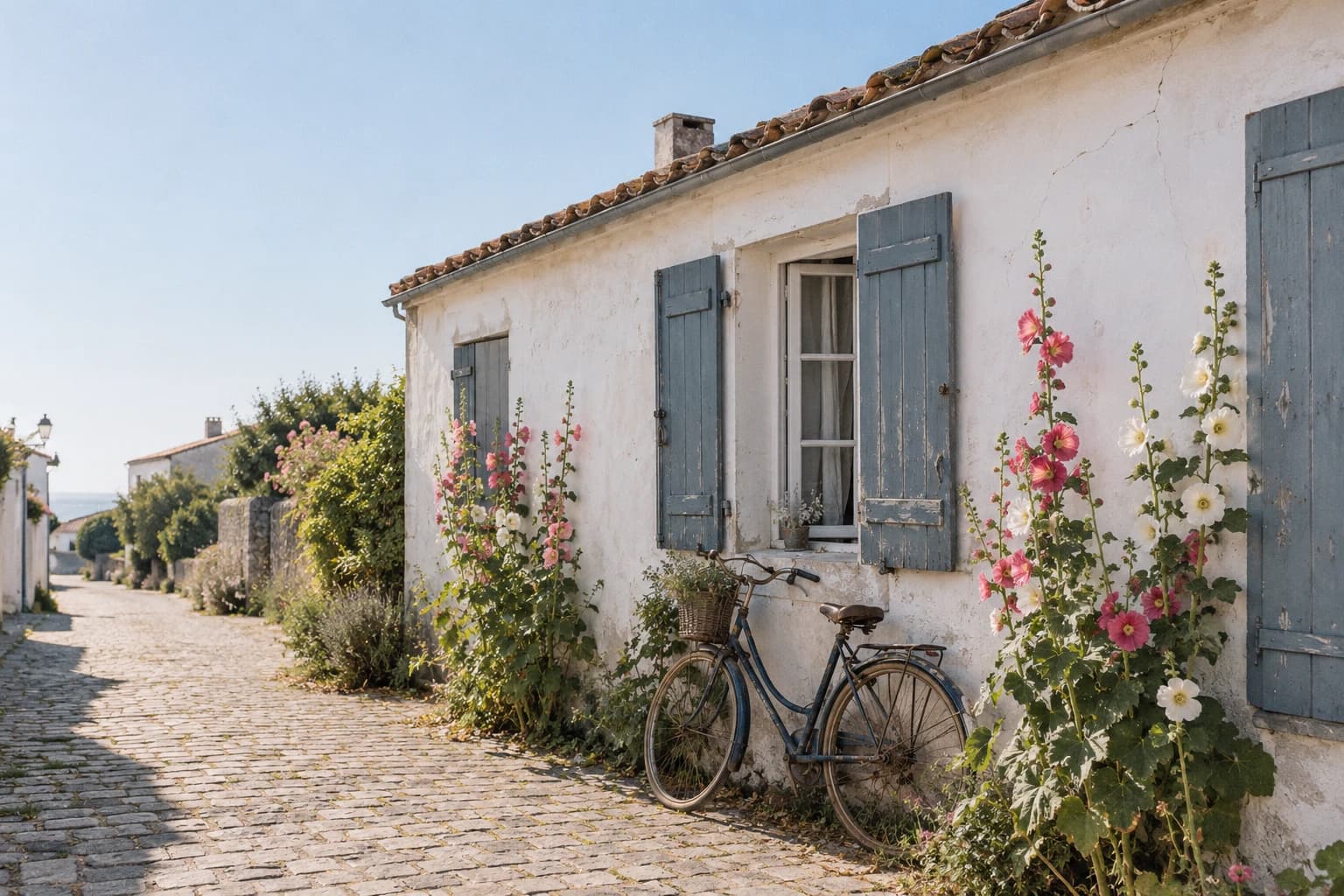 Maison de vacances blanchie à la chaux, volets bleus et roses trémières